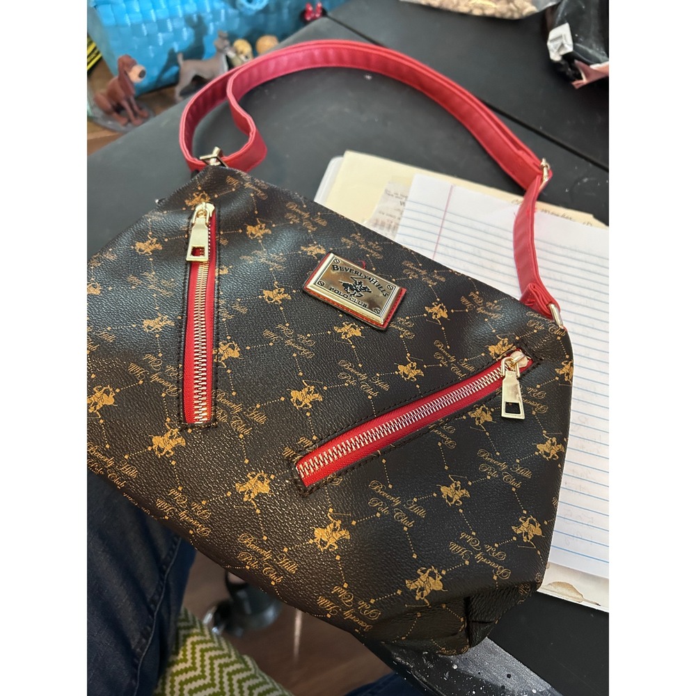 Beverly Hills Polo Club Monogram Crossbody Bag Red Strap Gold Logo